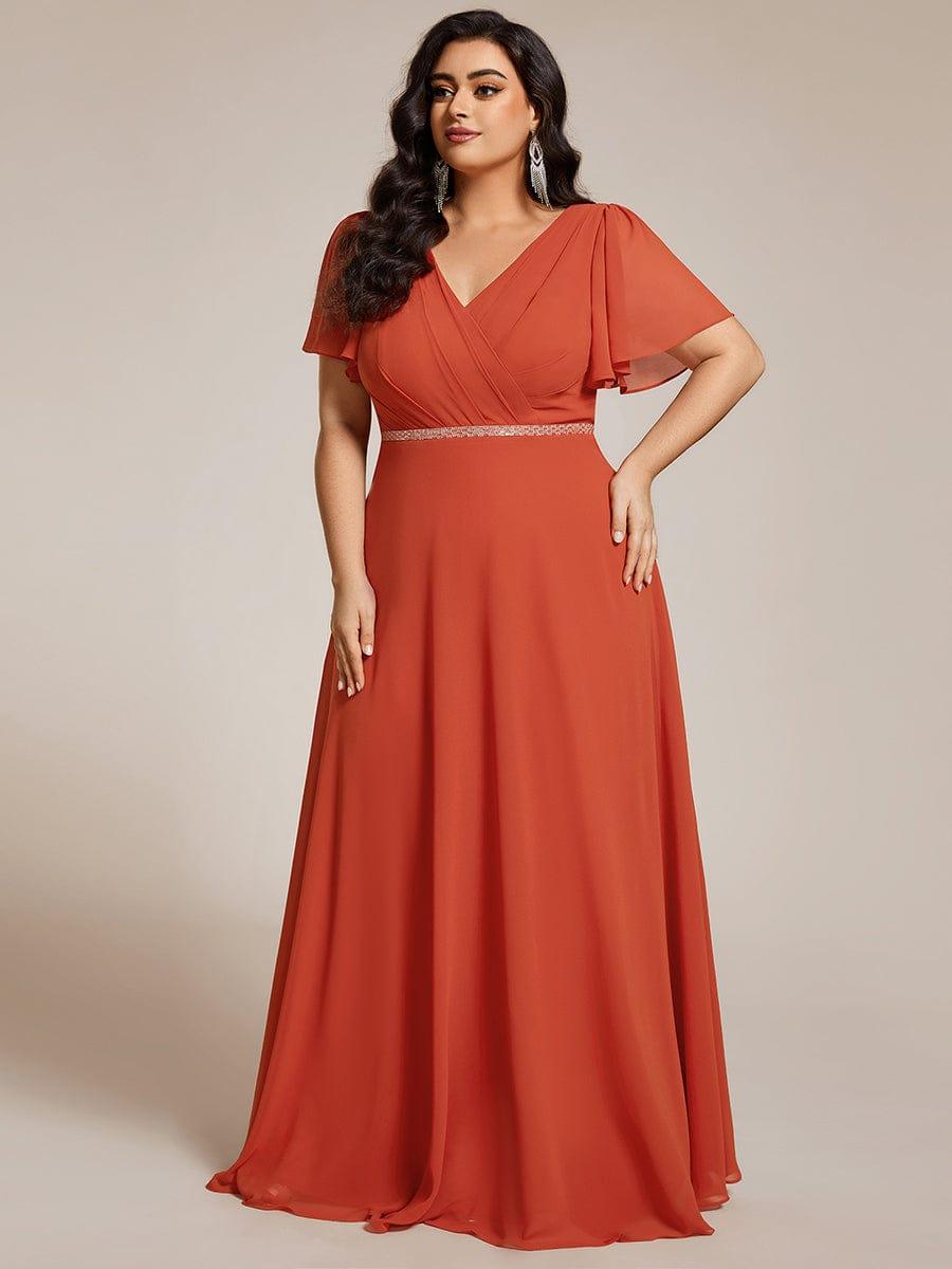 ever LAYLAH|Pleated A-Line Chiffon Formal Evening Dress with Short Sleeves and Sequin Waist