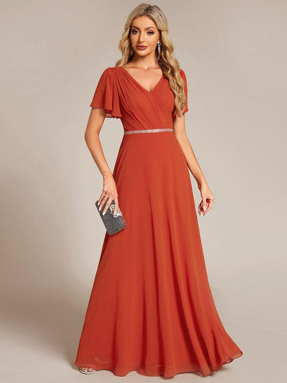 ever LAYLAH|Pleated A-Line Chiffon Formal Evening Dress with Short Sleeves and Sequin Waist