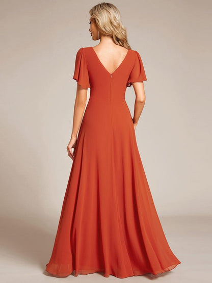 ever LAYLAH|Pleated A-Line Chiffon Formal Evening Dress with Short Sleeves and Sequin Waist