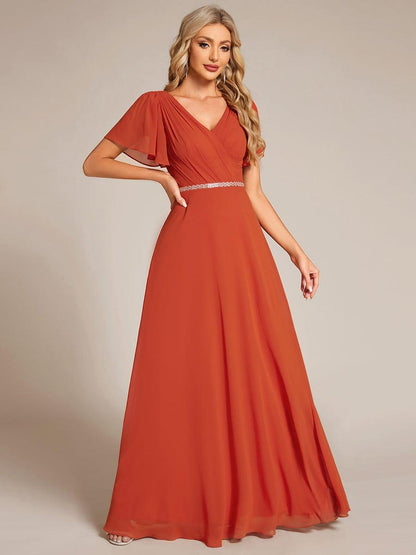 ever LAYLAH|Pleated A-Line Chiffon Formal Evening Dress with Short Sleeves and Sequin Waist