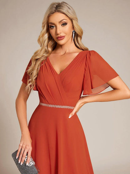 ever LAYLAH|Pleated A-Line Chiffon Formal Evening Dress with Short Sleeves and Sequin Waist