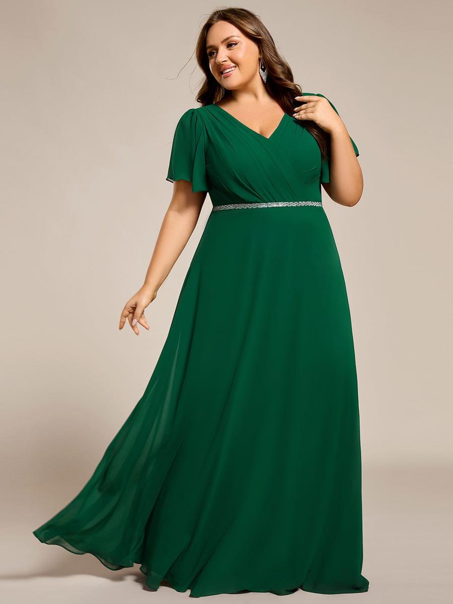 ever LAYLAH|Pleated A-Line Chiffon Formal Evening Dress with Short Sleeves and Sequin Waist