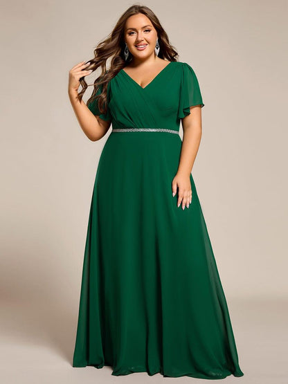 ever LAYLAH|Pleated A-Line Chiffon Formal Evening Dress with Short Sleeves and Sequin Waist