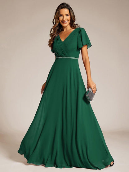 ever LAYLAH|Pleated A-Line Chiffon Formal Evening Dress with Short Sleeves and Sequin Waist