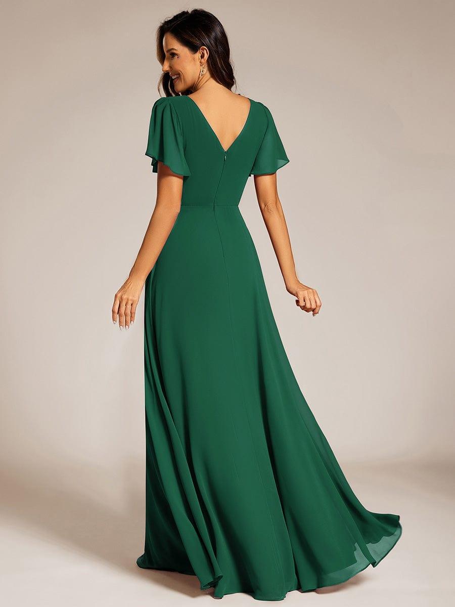 ever LAYLAH|Pleated A-Line Chiffon Formal Evening Dress with Short Sleeves and Sequin Waist