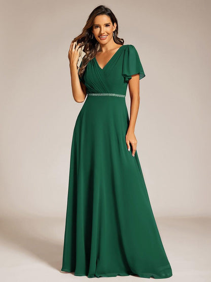 ever LAYLAH|Pleated A-Line Chiffon Formal Evening Dress with Short Sleeves and Sequin Waist