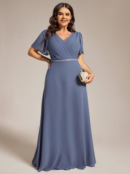 ever LAYLAH|Pleated A-Line Chiffon Formal Evening Dress with Short Sleeves and Sequin Waist