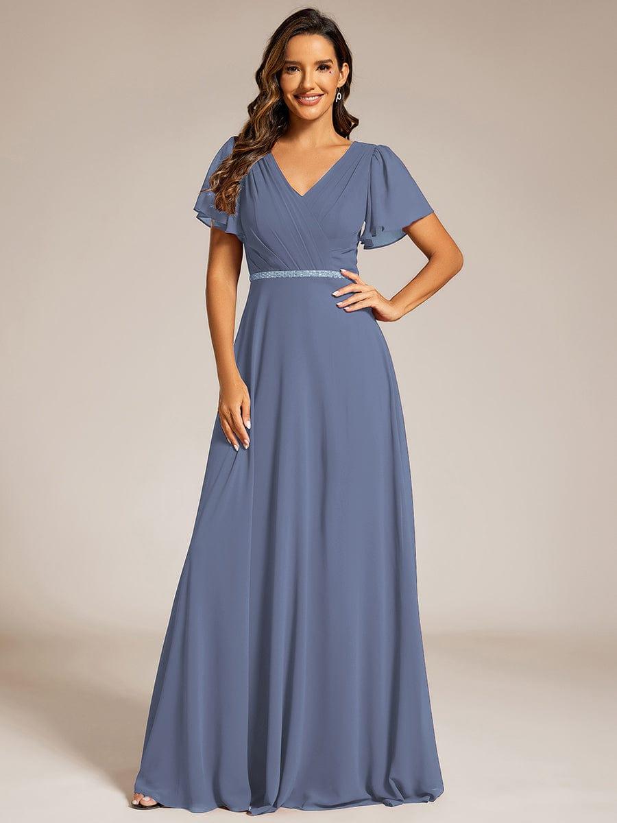 ever LAYLAH|Pleated A-Line Chiffon Formal Evening Dress with Short Sleeves and Sequin Waist