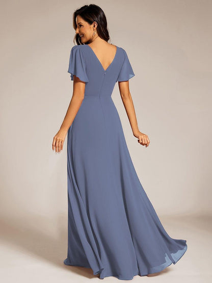 ever LAYLAH|Pleated A-Line Chiffon Formal Evening Dress with Short Sleeves and Sequin Waist