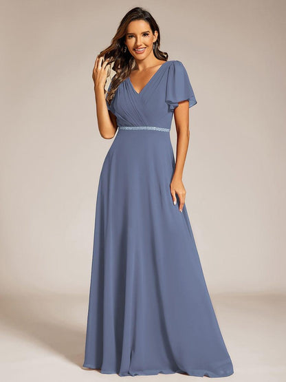 ever LAYLAH|Pleated A-Line Chiffon Formal Evening Dress with Short Sleeves and Sequin Waist