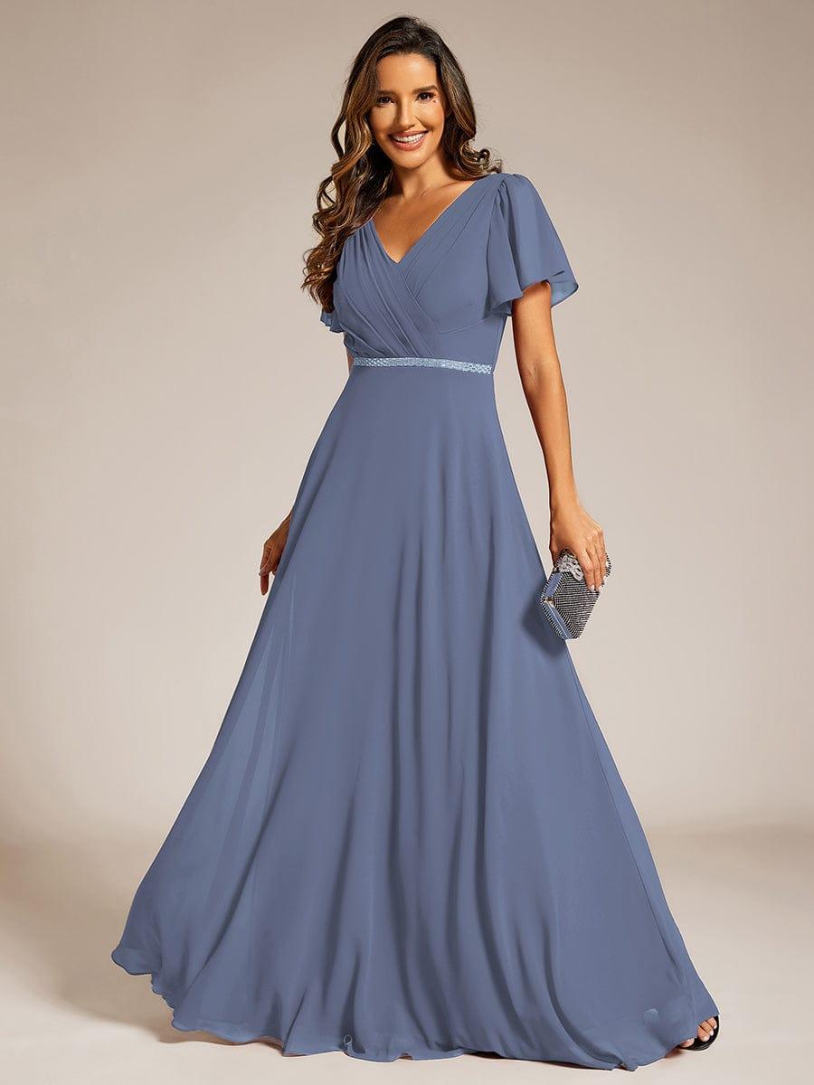 ever LAYLAH|Pleated A-Line Chiffon Formal Evening Dress with Short Sleeves and Sequin Waist