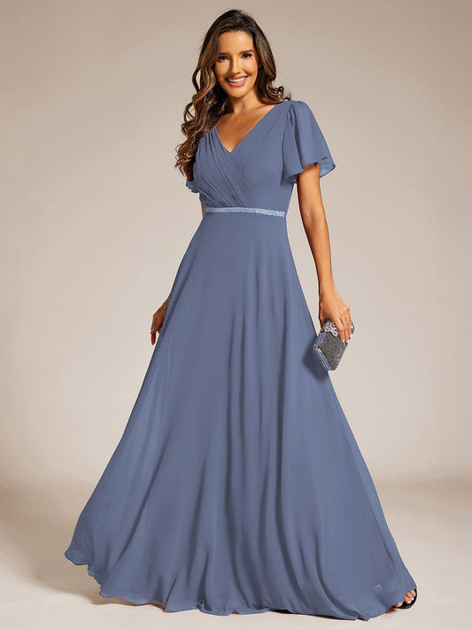 ever LAYLAH|Pleated A-Line Chiffon Formal Evening Dress with Short Sleeves and Sequin Waist