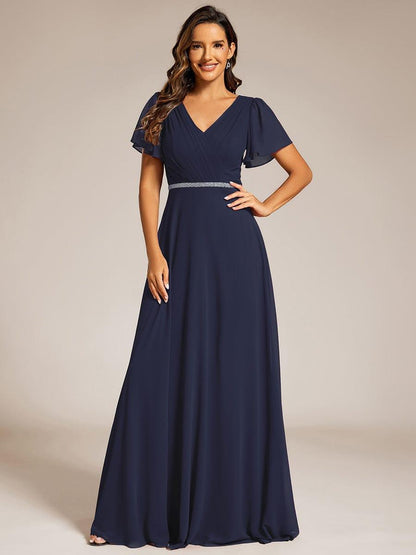 ever LAYLAH|Pleated A-Line Chiffon Formal Evening Dress with Short Sleeves and Sequin Waist