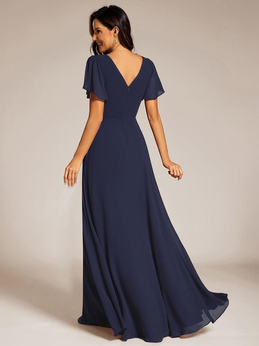 ever LAYLAH|Pleated A-Line Chiffon Formal Evening Dress with Short Sleeves and Sequin Waist
