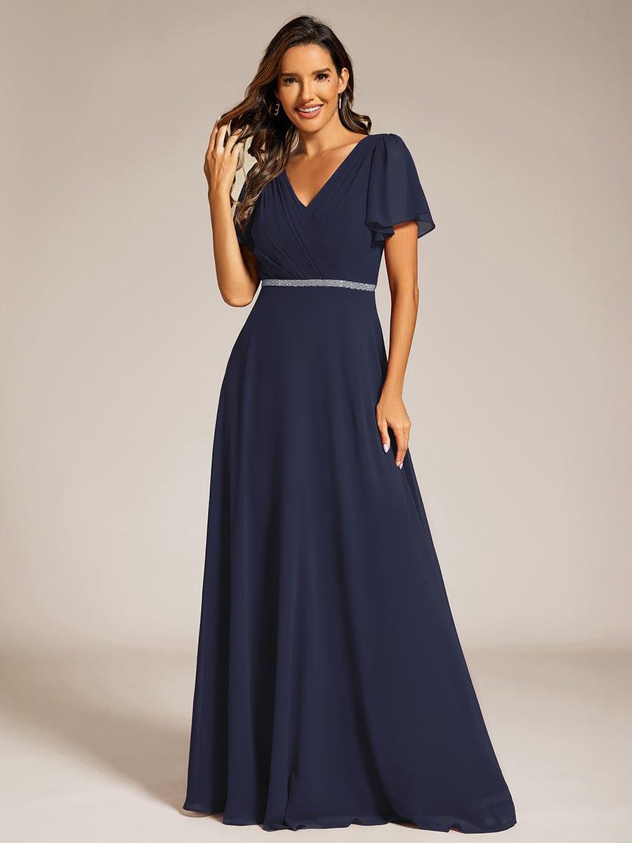 ever LAYLAH|Pleated A-Line Chiffon Formal Evening Dress with Short Sleeves and Sequin Waist