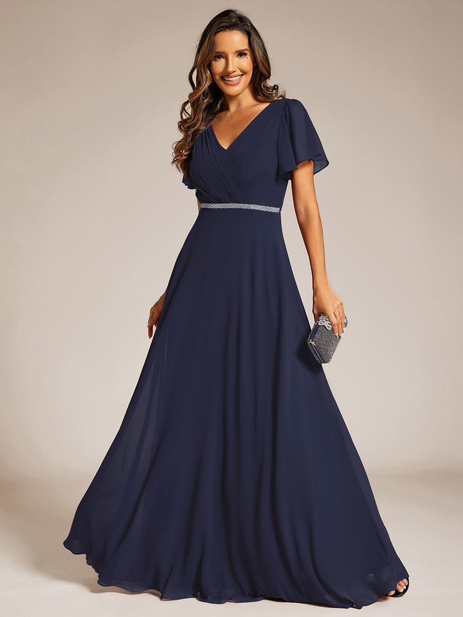 ever LAYLAH|Pleated A-Line Chiffon Formal Evening Dress with Short Sleeves and Sequin Waist
