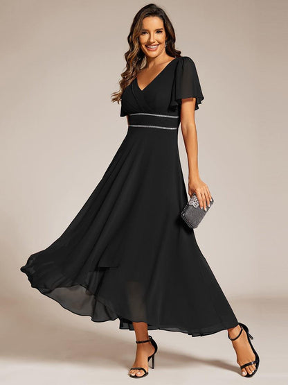 ever DAKOTA|Double V-Neck Waist Trimmed Chiffon Formal Evening Dress