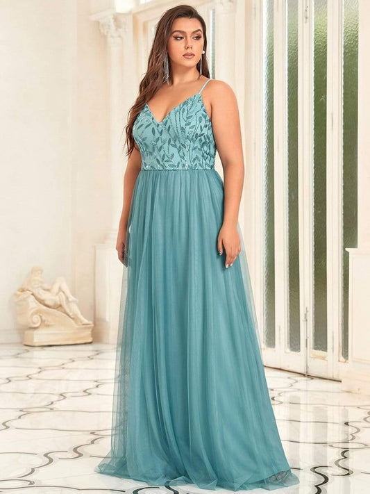 Plus Size Soft Spaghetti Straps V-Neck Embroidery Evening Dress