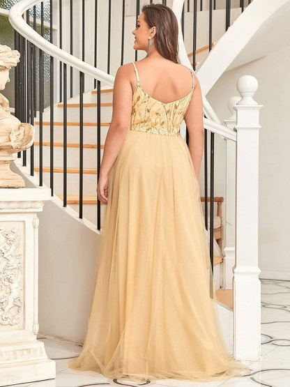 Plus Size Soft Spaghetti Straps V-Neck Embroidery Evening Dress