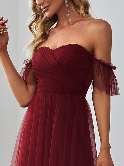 ever LUCIE|Off-Shoulder Sweetheart Double Layer Pleated Bridesmaid Dress