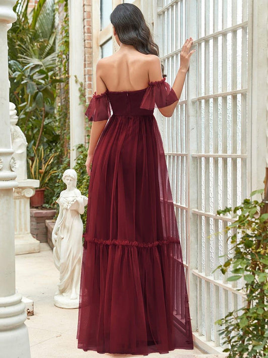 ever LUCIE|Off-Shoulder Sweetheart Double Layer Pleated Bridesmaid Dress