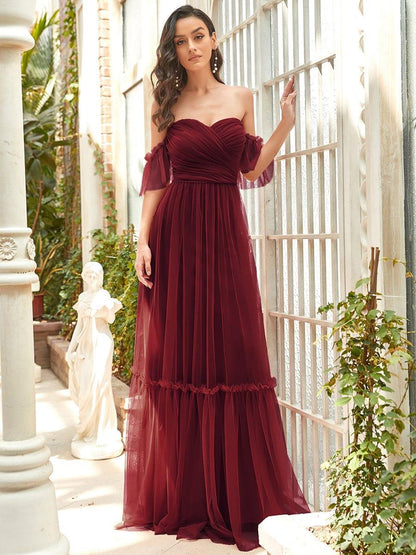 ever LUCIE|Off-Shoulder Sweetheart Double Layer Pleated Evening Dress