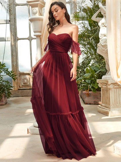 ever LUCIE|Off-Shoulder Sweetheart Double Layer Pleated Evening Dress