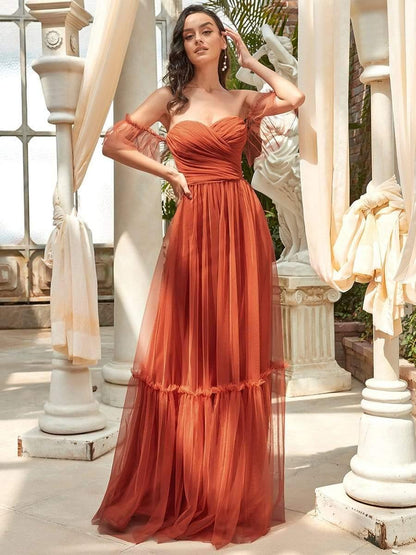 ever LUCIE|Off-Shoulder Sweetheart Double Layer Pleated Bridesmaid Dress