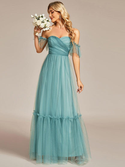 ever LUCIE|Off-Shoulder Sweetheart Double Layer Pleated Bridesmaid Dress