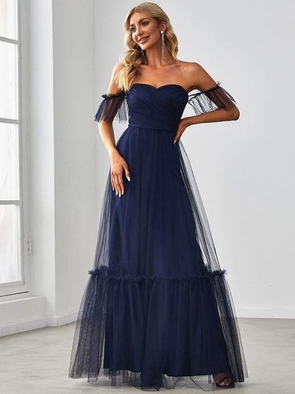ever LUCIE|Off-Shoulder Sweetheart Double Layer Pleated Bridesmaid Dress