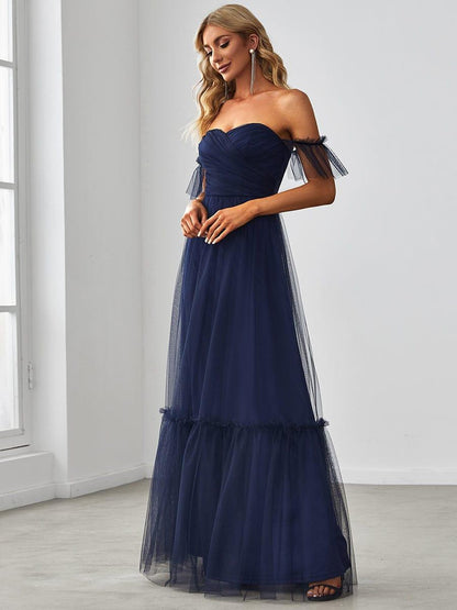 ever LUCIE|Off-Shoulder Sweetheart Double Layer Pleated Bridesmaid Dress
