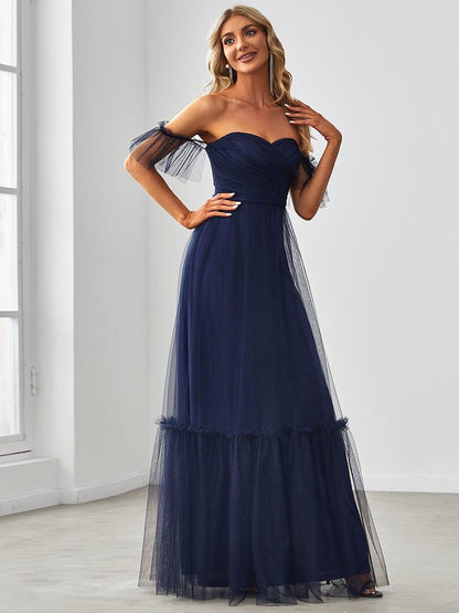 ever LUCIE|Off-Shoulder Sweetheart Double Layer Pleated Bridesmaid Dress