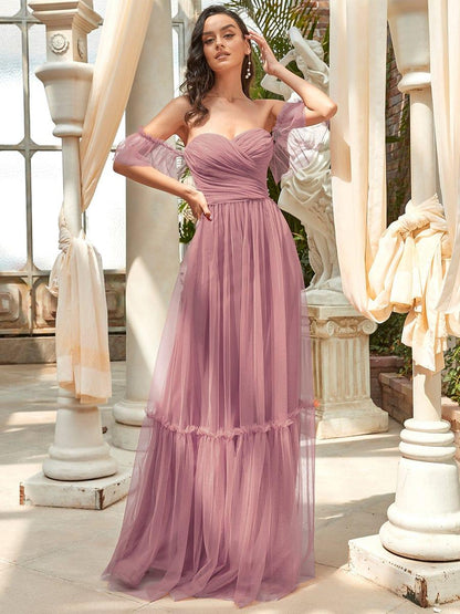ever LUCIE|Off-Shoulder Sweetheart Double Layer Pleated Bridesmaid Dress