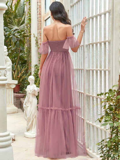 ever LUCIE|Off-Shoulder Sweetheart Double Layer Pleated Bridesmaid Dress