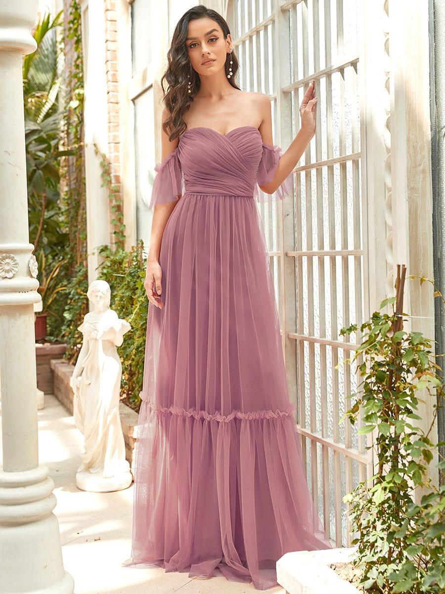 ever LUCIE|Off-Shoulder Sweetheart Double Layer Pleated Bridesmaid Dress