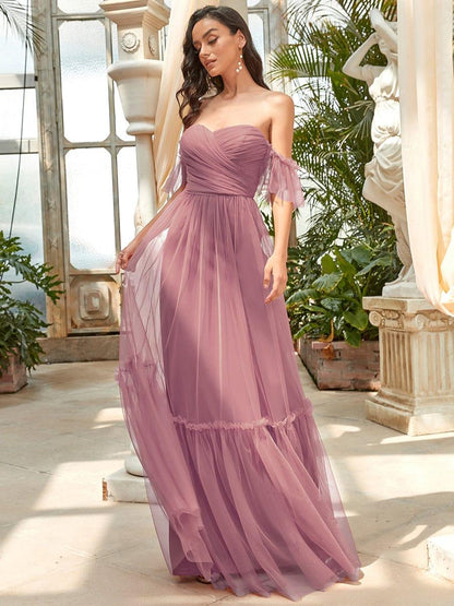 ever LUCIE|Off-Shoulder Sweetheart Double Layer Pleated Evening Dress