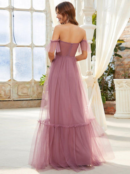 ever LUCIE|Off-Shoulder Sweetheart Double Layer Pleated Evening Dress