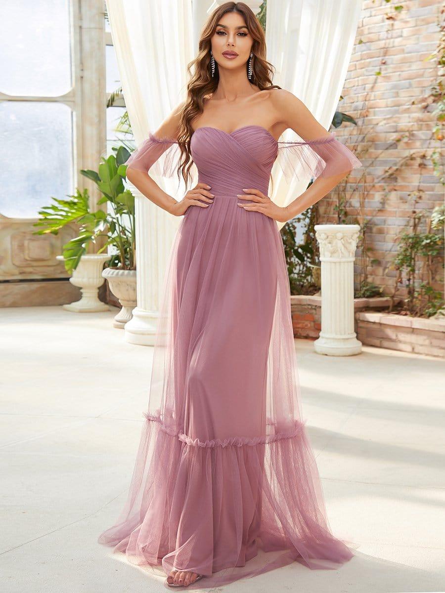 ever LUCIE|Off-Shoulder Sweetheart Double Layer Pleated Bridesmaid Dress