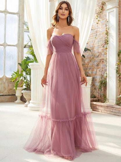 ever LUCIE|Off-Shoulder Sweetheart Double Layer Pleated Bridesmaid Dress