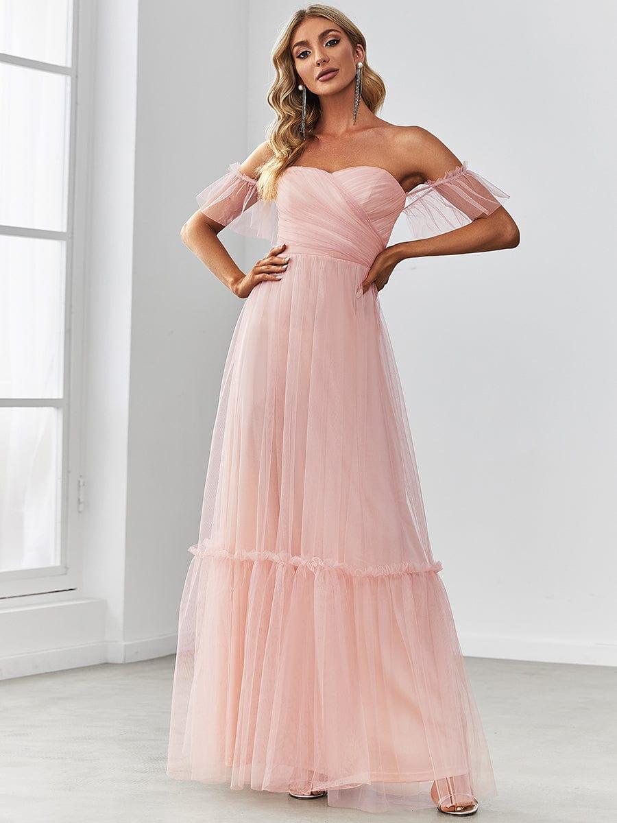 ever LUCIE|Off-Shoulder Sweetheart Double Layer Pleated Bridesmaid Dress