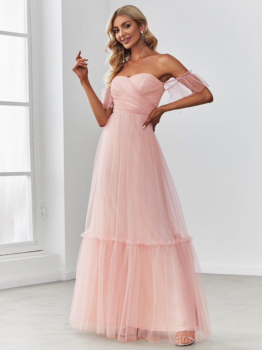 ever LUCIE|Off-Shoulder Sweetheart Double Layer Pleated Bridesmaid Dress