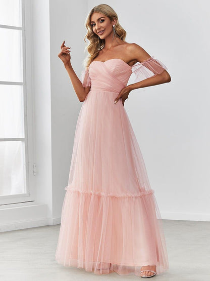 ever LUCIE|Off-Shoulder Sweetheart Double Layer Pleated Evening Dress