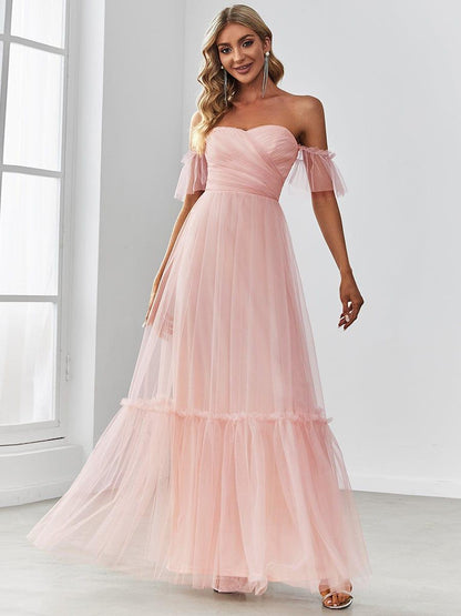 ever LUCIE|Off-Shoulder Sweetheart Double Layer Pleated Evening Dress
