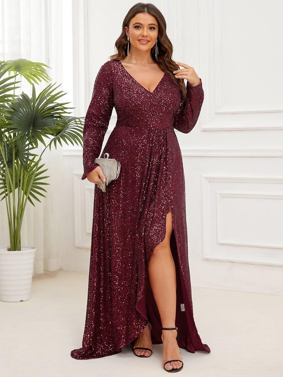 pretty SYREN|Plus Size Sequin V-Neck Long Sleeve High Slit Bodycon Evening Dress