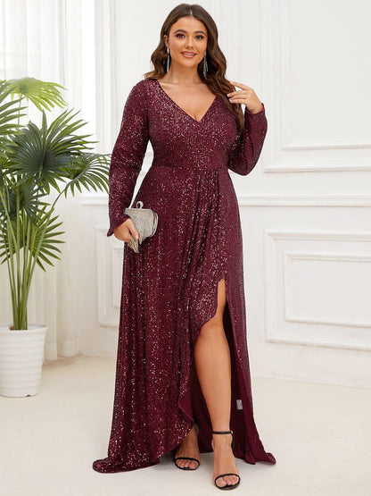 pretty SYREN|Plus Size Sequin V-Neck Long Sleeve High Slit Bodycon Evening Dress