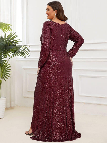 pretty SYREN|Plus Size Sequin V-Neck Long Sleeve High Slit Bodycon Evening Dress