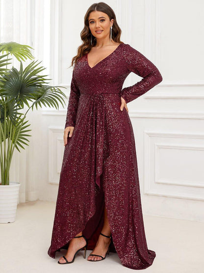 pretty SYREN|Plus Size Sequin V-Neck Long Sleeve High Slit Bodycon Evening Dress