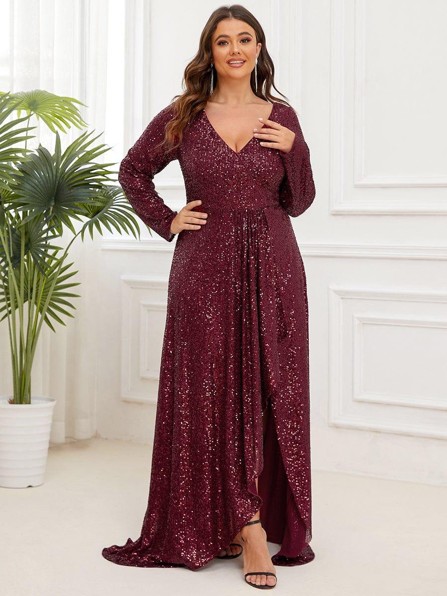 pretty SYREN|Plus Size Sequin V-Neck Long Sleeve High Slit Bodycon Evening Dress