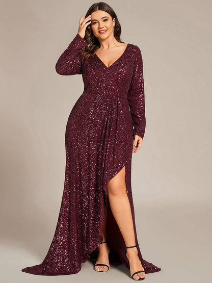 ever SYREN|Sequin Long Sleeve V-neck Asymmetrical Hem Evening Dress