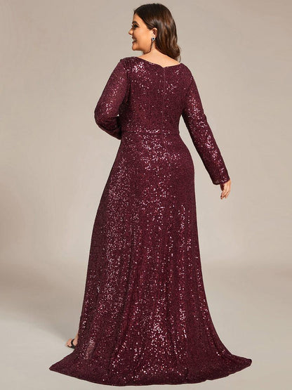 ever SYREN|Sequin Long Sleeve V-neck Asymmetrical Hem Evening Dress